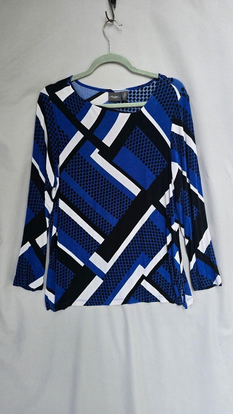 Travelers By Chico's Blouse Womens 2 Blue Geometric Long Sleeve Stretch Knit Top